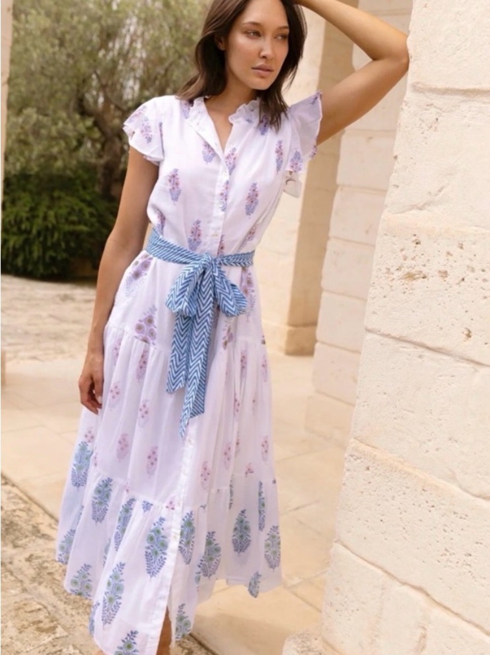Oliphant Ruffle Collar Maxi Dress with Floral Print and Belt - Size Small